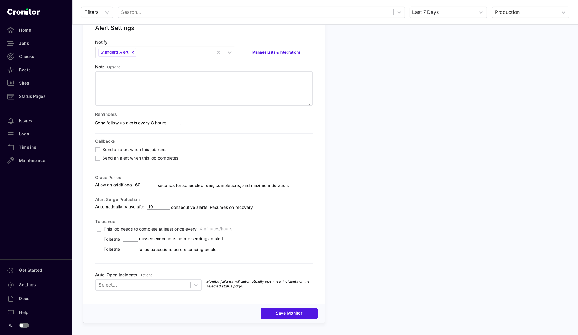 Alert Settings on the job edit page, with Notify, Note, Reminders, Callbacks, Grace Period, Alert Surge Protection, Tolerance, and Auto-Open Incidents.