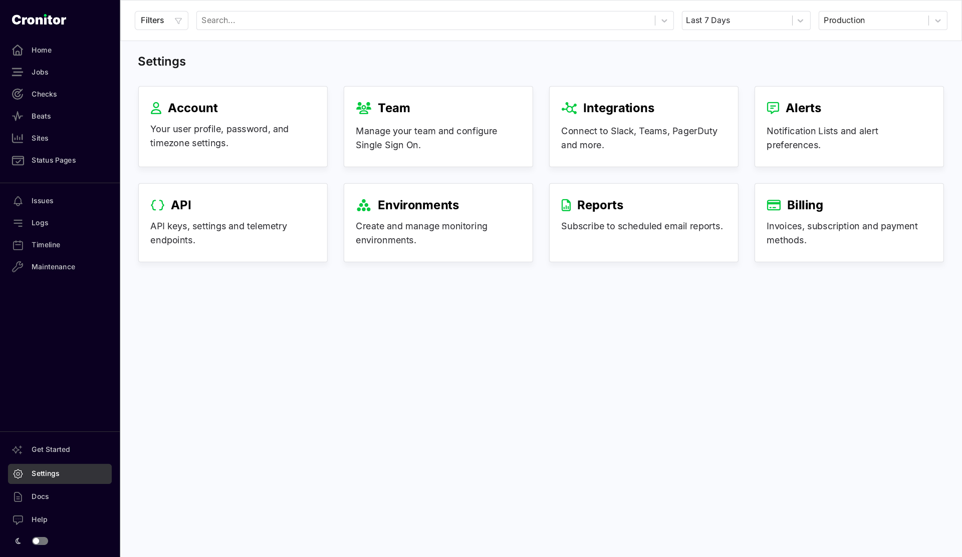 Settings page. The API card opens API keys, settings, and telemetry endpoints.