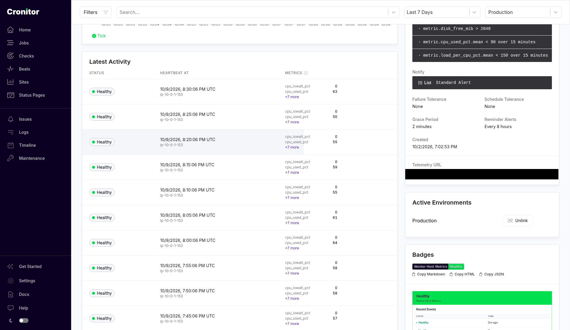 Worker Host Metrics heartbeat, with recent ticks and metric assertions.