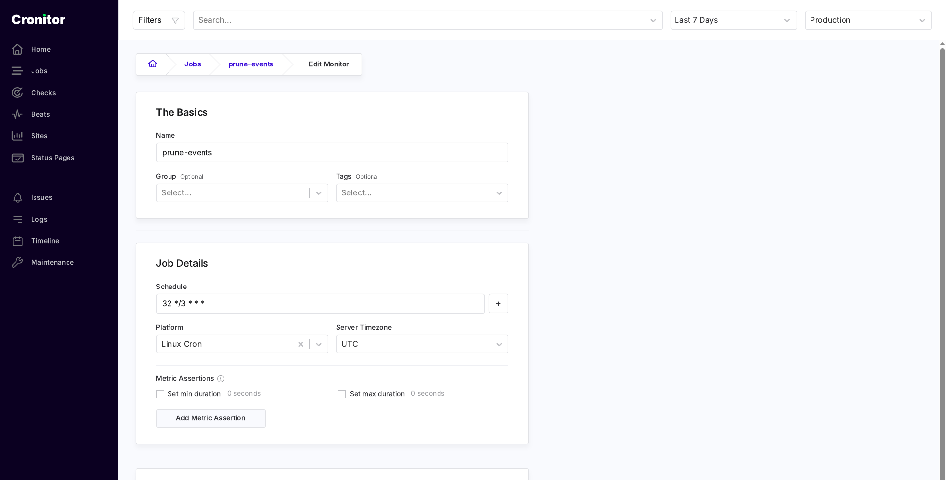 Job edit form. The Basics is the name, group, and tags. Job Details is the schedule, platform, server timezone, and metric assertions.