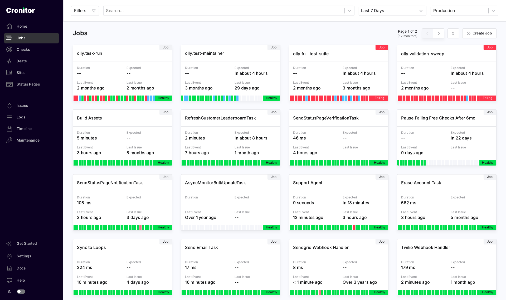 Jobs list. Each card shows Duration, Expected, Last Event, and Last Issue.