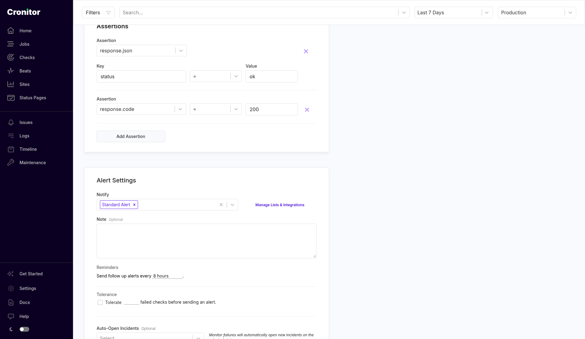 Assertions and Alert Settings on a check. Notify is the Standard Alert list.