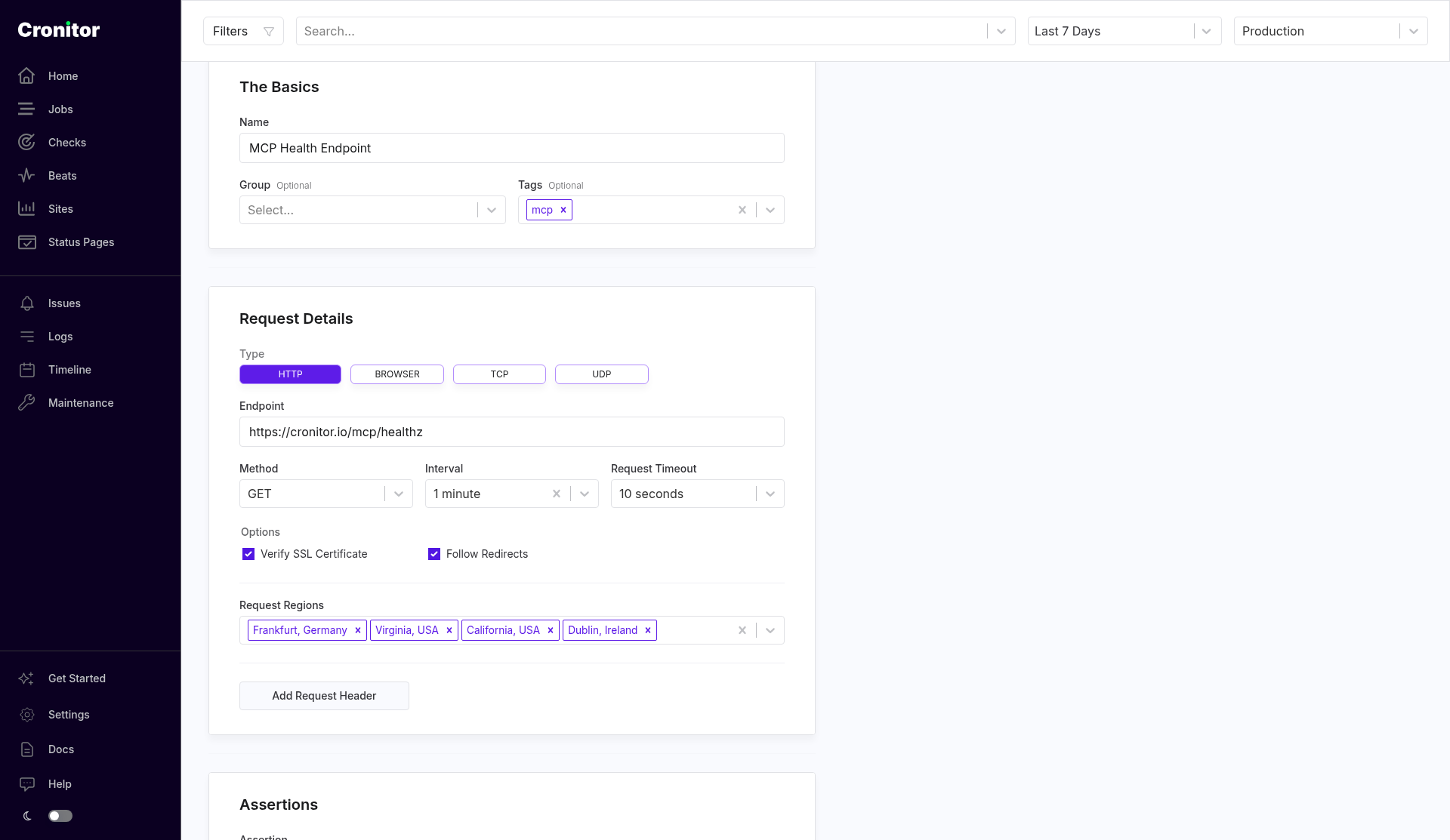 Check edit form. Request Details is the HTTP endpoint, method, interval, and regions.