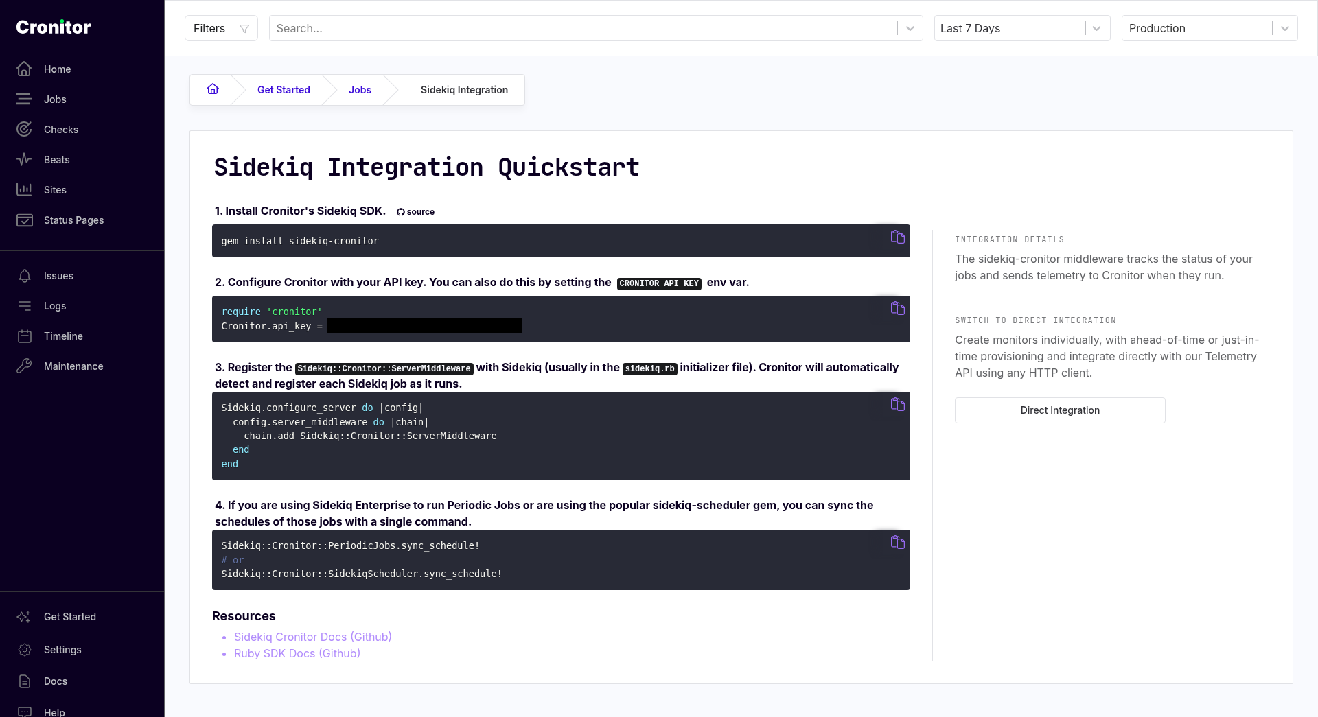 Sidekiq Integration Quickstart. Step 2 assigns Cronitor.api_key. The key itself is covered.