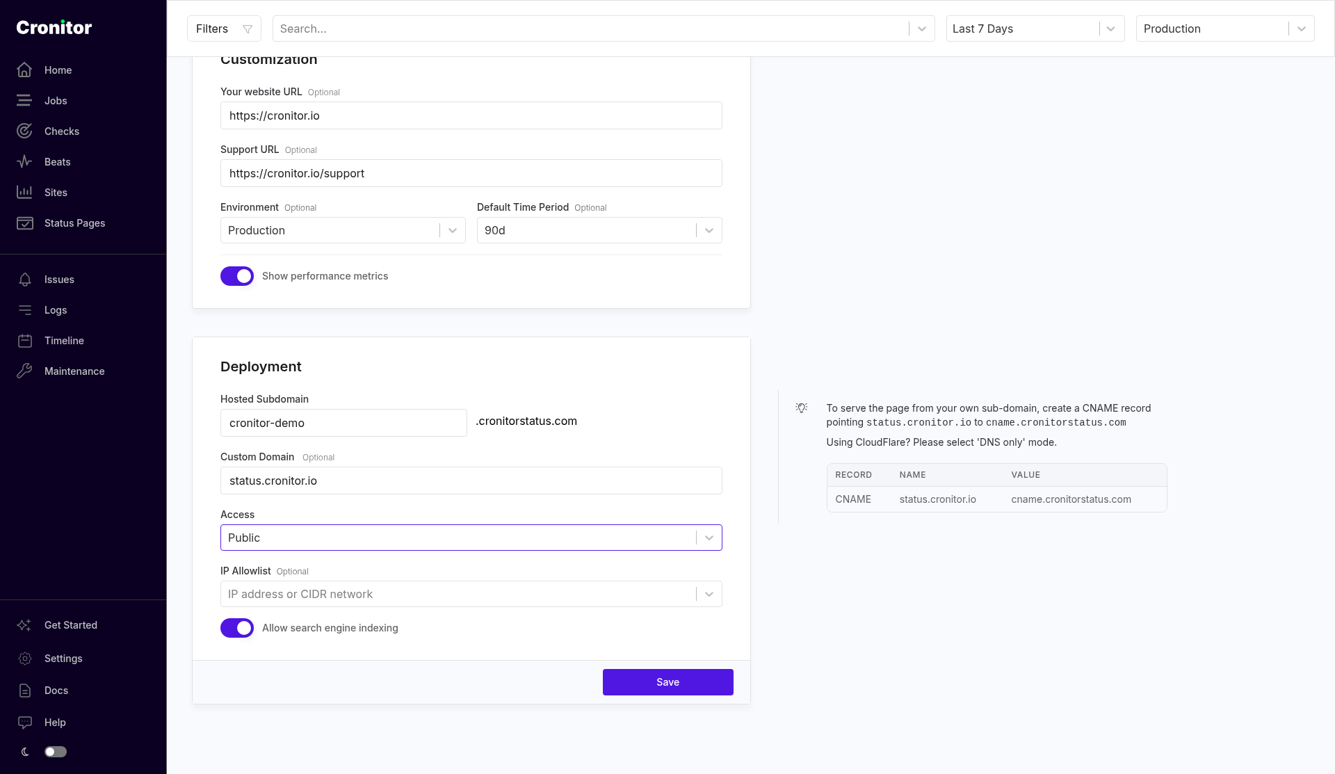 Edit Status Page, Deployment. Hosted subdomain cronitor-demo, custom domain status.cronitor.io, Access set to Public, and a CNAME table pointing status.cronitor.io at cname.cronitorstatus.com. The note says CloudFlare users should select DNS only.