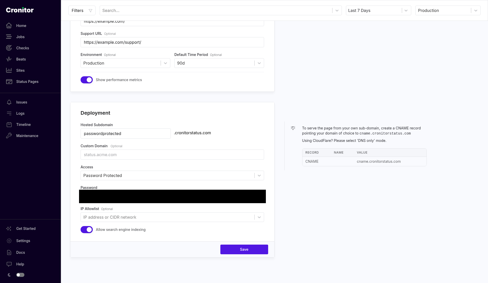 Deployment with Access set to Password Protected. The password field is covered. Hosted subdomain is passwordprotected.cronitorstatus.com.