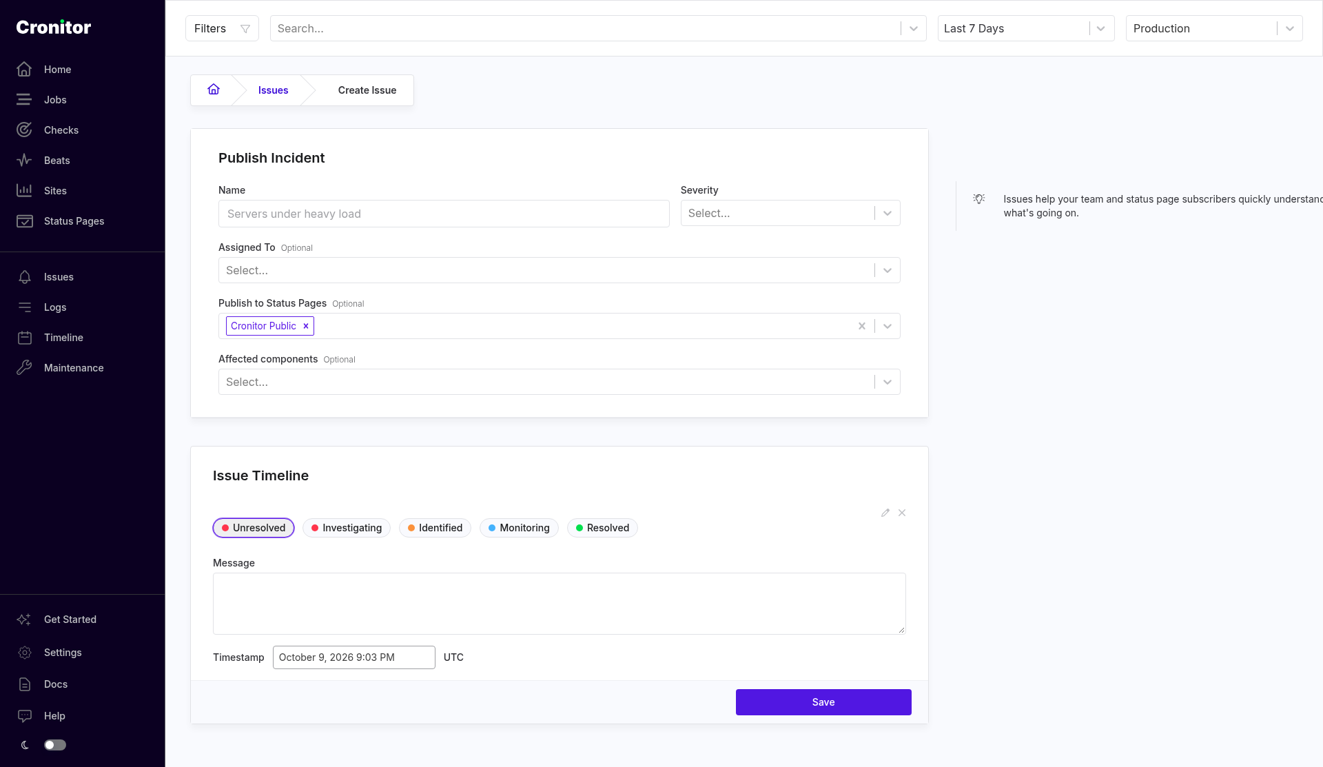 Create Issue, with the form titled Publish Incident. The name field still shows grey placeholder text. Publish to Status Pages has Cronitor Public selected. The Issue Timeline update is set to Unresolved, with an empty message box and a timestamp.