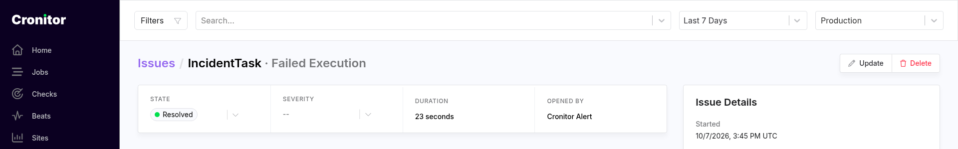 Issue detail with State set to Resolved. Duration is 23 seconds and it was opened by Cronitor Alert. Update and Delete are at the top right. Issue Details shows when it started.
