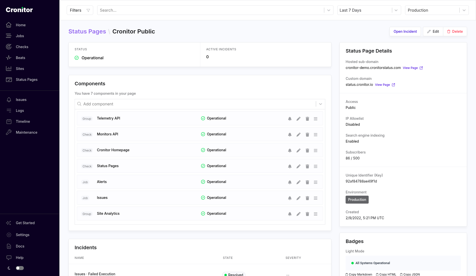 Status page detail for Cronitor Public. Status is Operational with 0 active incidents. The Components list has seven rows (groups, checks, and jobs). The sidebar shows the hosted subdomain, custom domain, access, IP allowlist, search indexing, subscribers, and badges.