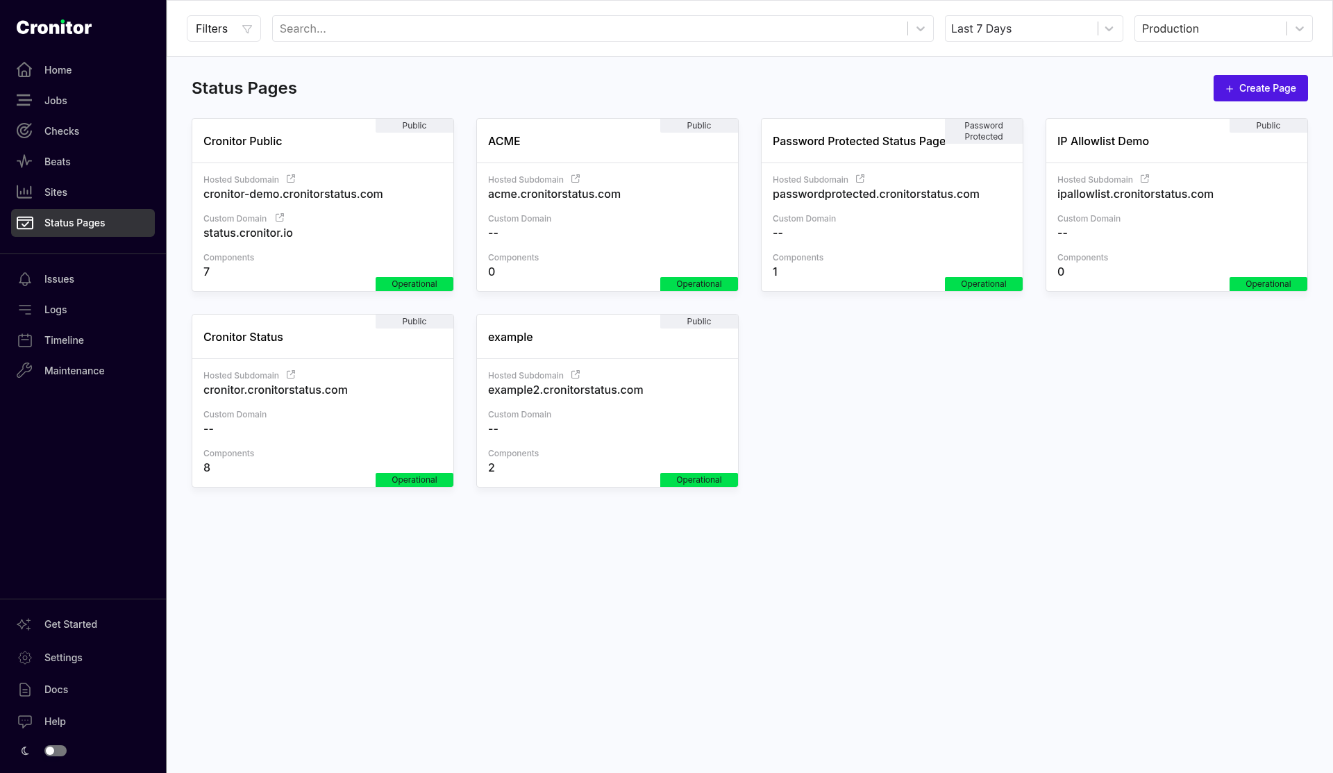 Status Pages list. Each card shows the hosted subdomain, custom domain, component count, access (Public or Password Protected), and an Operational badge. Create Page is at the top right.