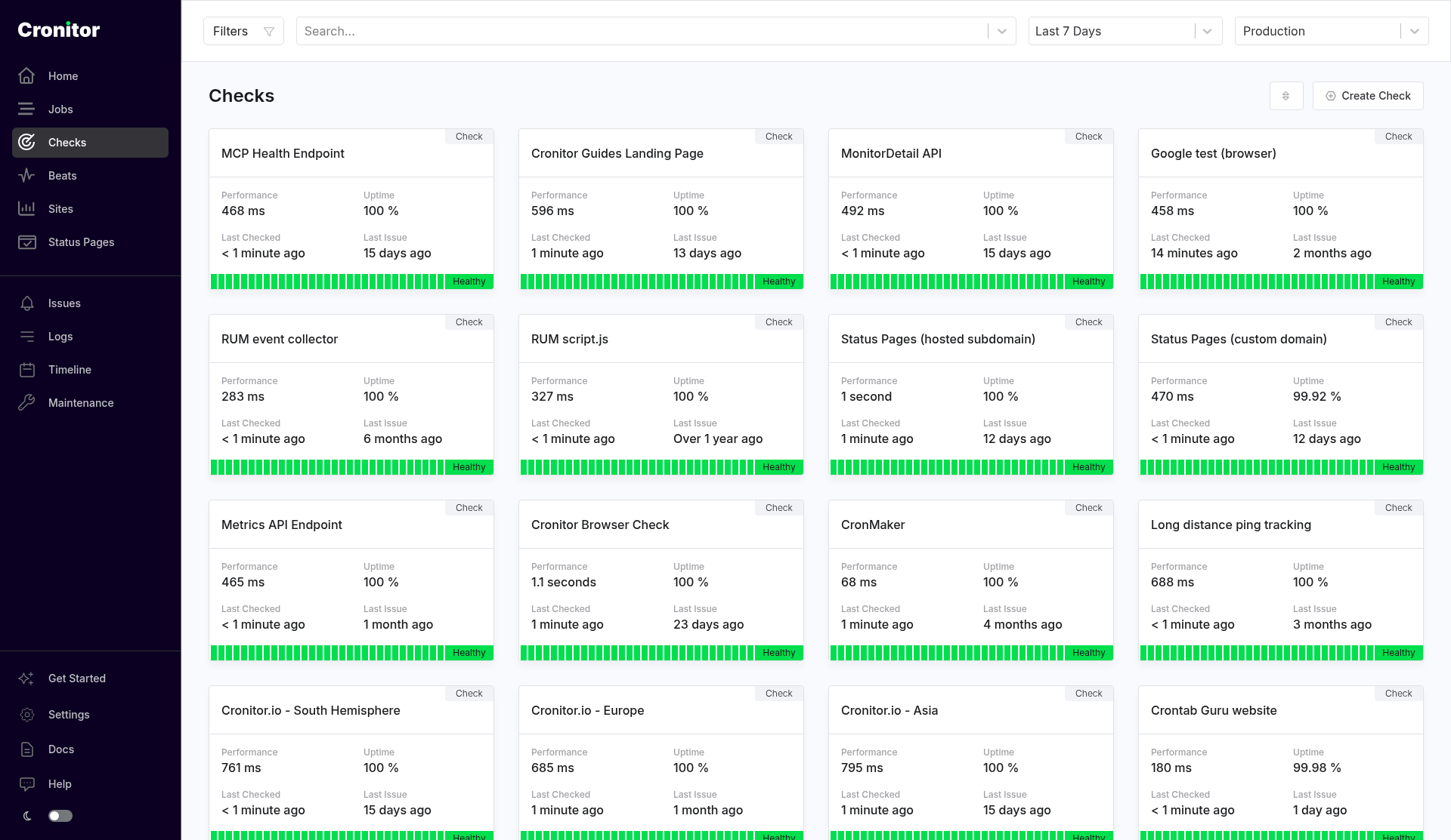Checks list. Each card shows performance, uptime, and status for a website or API.