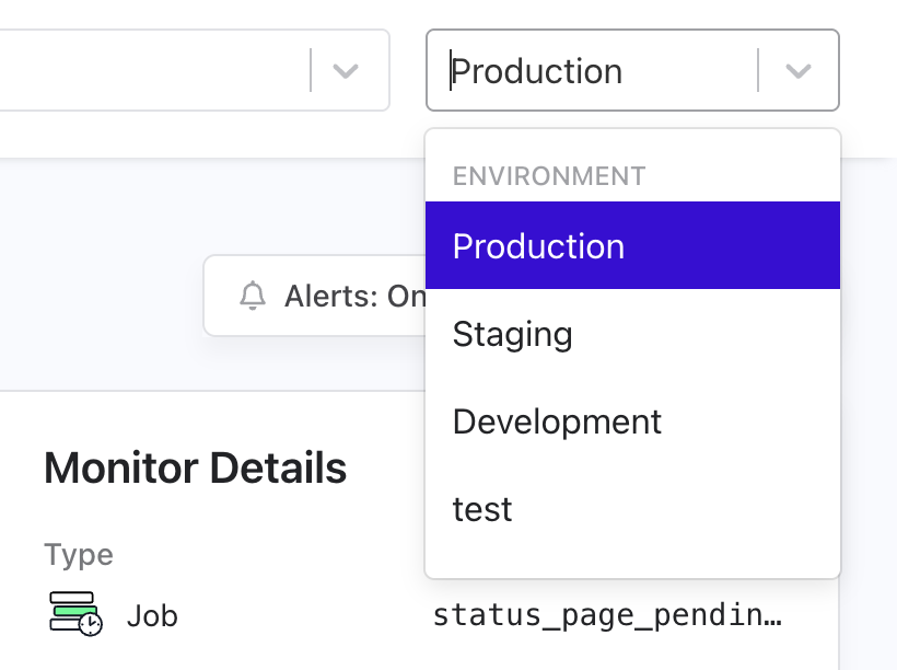 Environment selector showing staging and production data for the same monitors