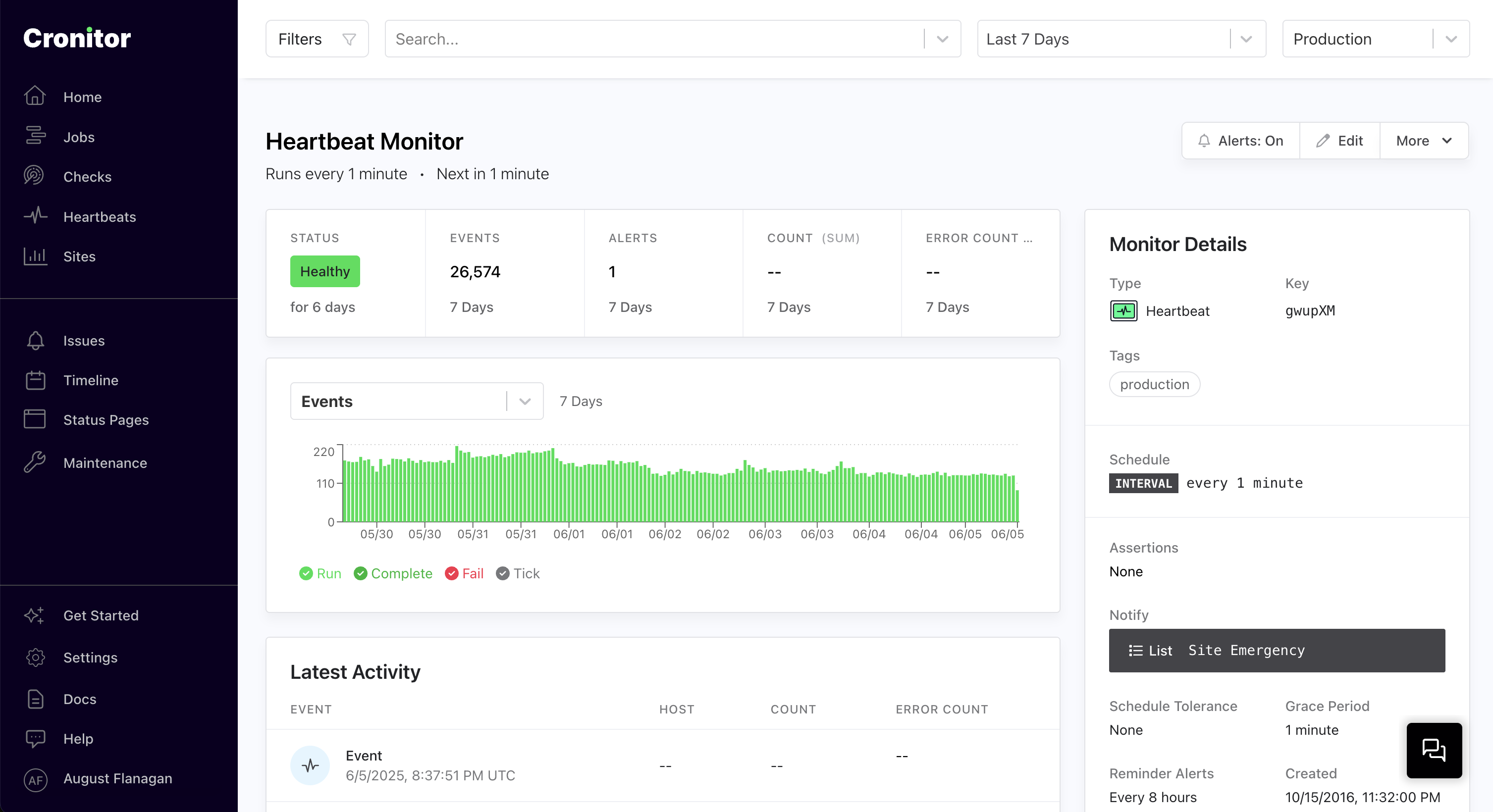 Heartbeat monitoring dashboard showing monitor status and events