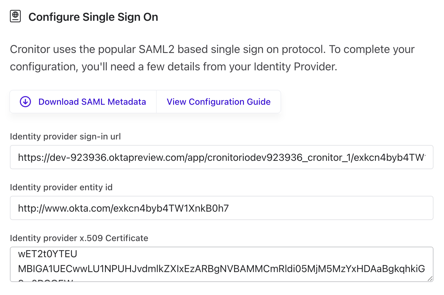 SSO configuration form