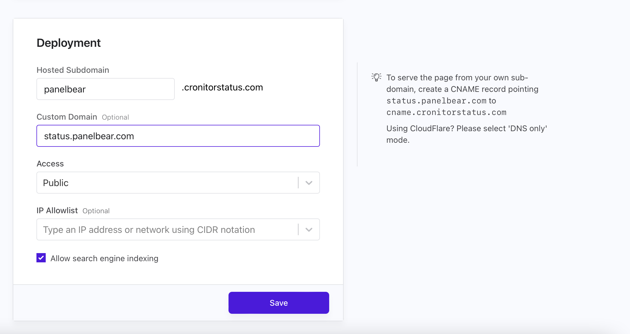 Status page custom domain form