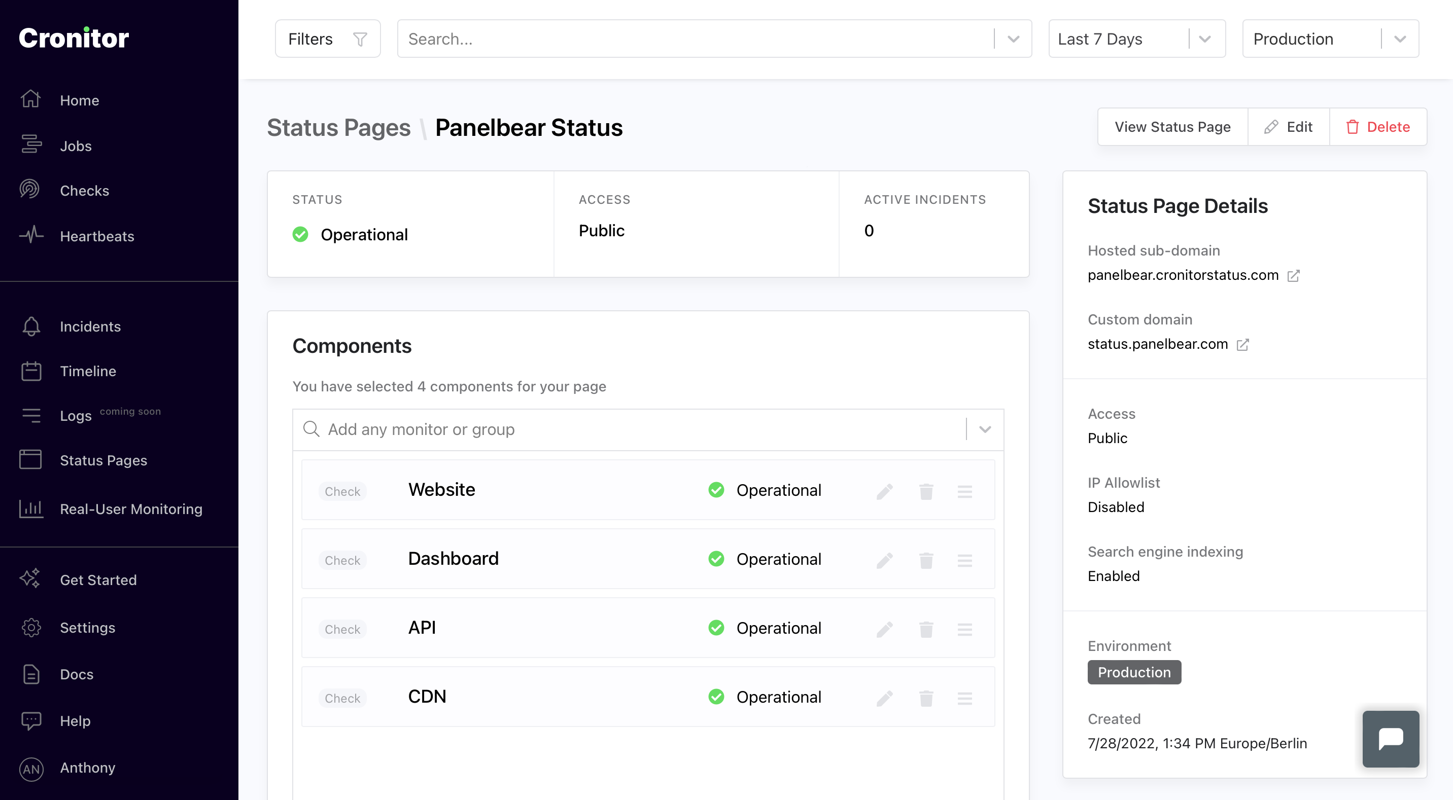 Status page components form