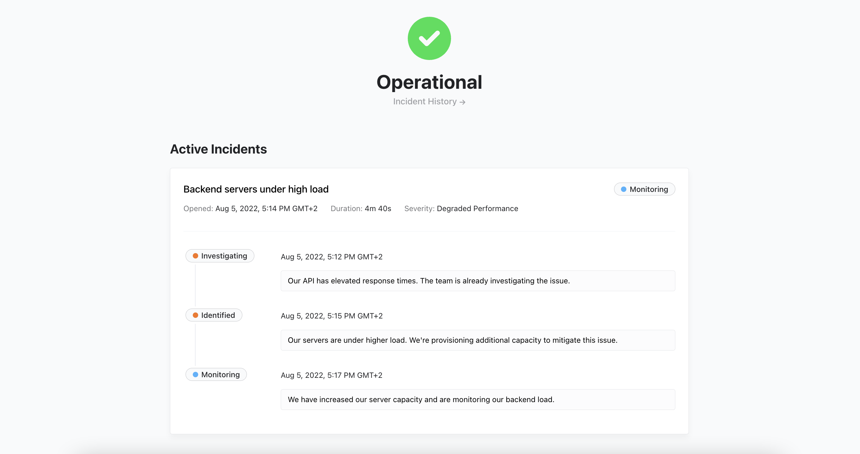 Status page with active incident